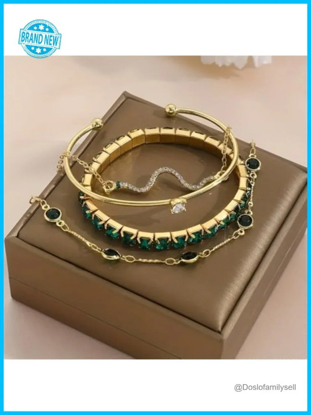4-Piece Gold Tone Crystal Bracelet Set, Rhinestone Chain & Cuff Bangles,